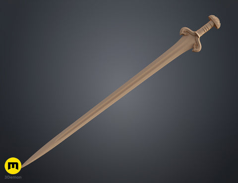 Clay render of Eowyn LOTR sword full side profile tan uniform material showing geometric details and surface textures