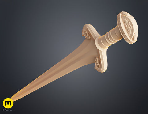 Clay render close-up of Eowyn LOTR sword guard showing intricate horse-head carvings and rope-pattern decorative detail