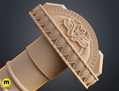 Clay render close-up of Eowyn LOTR sword handle and pommel showing horse-head motif and leather-texture grip detail
