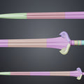 Assembly guide exploded view render of Eowyn LOTR sword STL color-coded pink tan teal purple segments with alignment pins