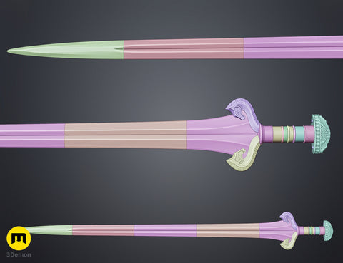 Assembly guide exploded view render of Eowyn LOTR sword STL color-coded pink tan teal purple segments with alignment pins