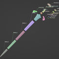 Assembly guide comprehensive exploded view render of Eowyn LOTR sword full length all segments with internal pins color-coded