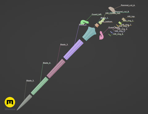 Assembly guide comprehensive exploded view render of Eowyn LOTR sword full length all segments with internal pins color-coded