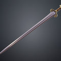 Color-coded diagram render of Eowyn LOTR sword STL showing pink purple gold teal segmented parts full view with close-ups