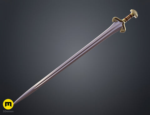 Color-coded diagram render of Eowyn LOTR sword STL showing pink purple gold teal segmented parts full view with close-ups