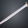 Color-coded assembled render of Eowyn Lord of the Rings sword full length view pink blade tan guard teal handle purple pommel