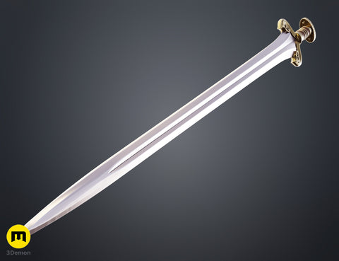 Color-coded assembled render of Eowyn Lord of the Rings sword full length view pink blade tan guard teal handle purple pommel