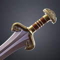 Cover painted 3D render of Eowyn sword LOTR cosplay prop diagonal view weathered silver blade brown handle gold horse-head guard