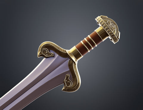Cover painted 3D render of Eowyn sword LOTR cosplay prop diagonal view weathered silver blade brown handle gold horse-head guard