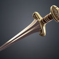 Painted 3D render of Eowyn Lord of the Rings sword horizontal view silver blade dark handle brass gold horse-head pommel