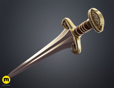 Painted 3D render of Eowyn Lord of the Rings sword horizontal view silver blade dark handle brass gold horse-head pommel