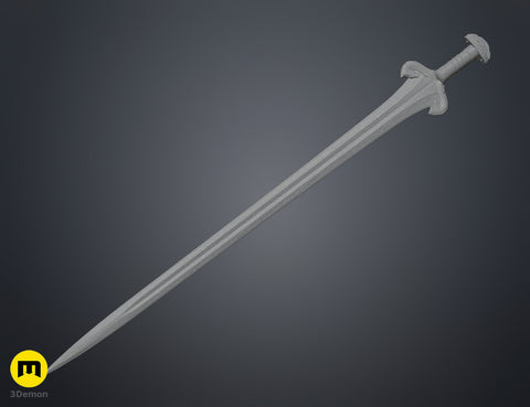 Wireframe mesh render of Eowyn LOTR sword full length view showing high-density polygon geometry structure of 3D model