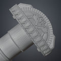 Wireframe mesh render close-up of Eowyn LOTR sword guard showing dense polygon distribution of horse-head carving detail