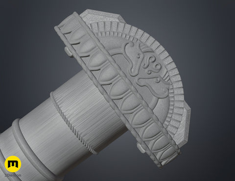 Wireframe mesh render close-up of Eowyn LOTR sword guard showing dense polygon distribution of horse-head carving detail