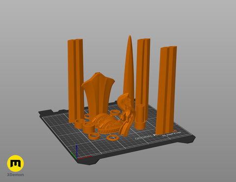 Slicer screenshot of Eowyn LOTR sword STL parts arranged as orange models on virtual Prusa print bed