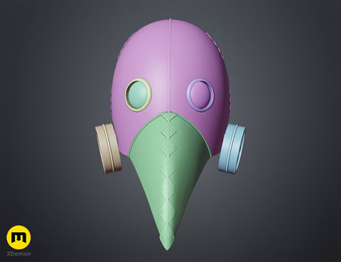 3D model render of Galgali Fiend Mask - Chainsaw Man, purple gasmask with green chainsaw, 3D print cosplay prop.