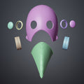 3D print preview of Galgali Fiend Mask - Chainsaw Man, exploded view of purple mask and green chainsaw 3D printed cos...