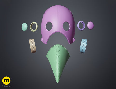 3D print preview of Galgali Fiend Mask - Chainsaw Man, exploded view of purple mask and green chainsaw 3D printed cos...