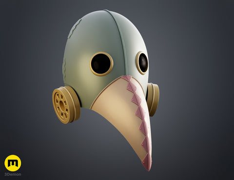 3D visualization of Galgali Fiend Mask - Chainsaw Man, olive-green textured cosplay prop, side view