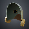 CGI render of Galgali Fiend Mask - Chainsaw Man, olive-green 3D print cosplay prop, side view.