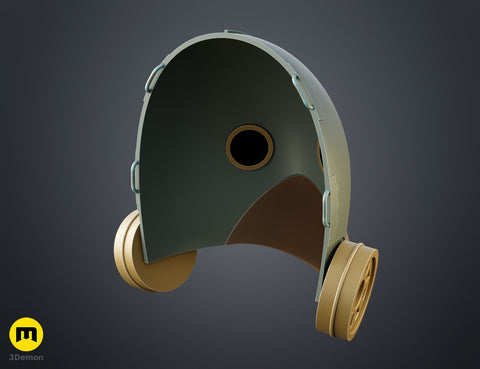 CGI render of Galgali Fiend Mask - Chainsaw Man, olive-green 3D print cosplay prop, side view.