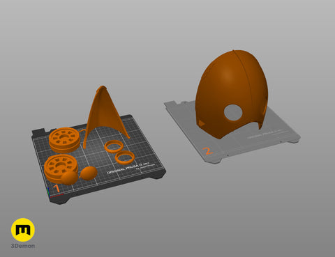 Slicer screenshot of Galgali Fiend Mask - Chainsaw Man STL, orange parts on Prusa MK3 bed