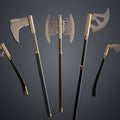 Digital 3D render of Gimli Axes Collection - Lord of the Rings, four textured axes cosplay prop.