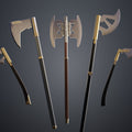 Digital 3D render of the dwarven warrior Axes Collection - epic fantasy saga, four textured axes cosplay prop.