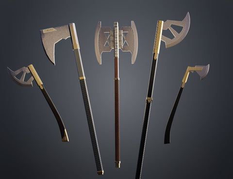 Digital 3D render of the dwarven warrior Axes Collection - epic fantasy saga, four textured axes cosplay prop.