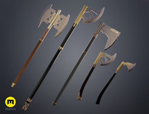 3D visualization of Gimli Axes Collection - Lord of the Rings, four detailed 3D printed weapon cosplay props.