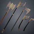 3D visualization of the dwarven warrior Axes Collection - epic fantasy saga, four detailed 3D printed weapon cosplay props.