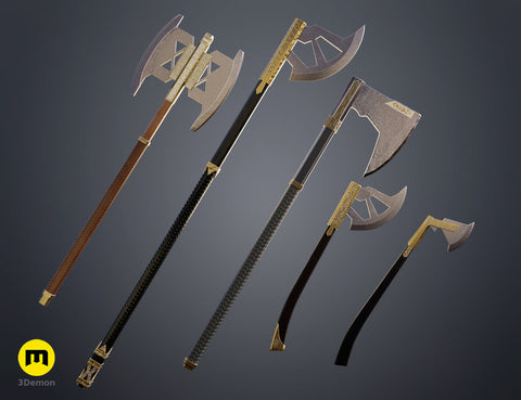 3D visualization of the dwarven warrior Axes Collection - epic fantasy saga, four detailed 3D printed weapon cosplay props.