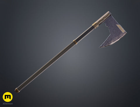 Digital 3D render of the dwarven warrior Axes Collection - epic fantasy saga, double-bit axe STL, 3D print cosplay prop.