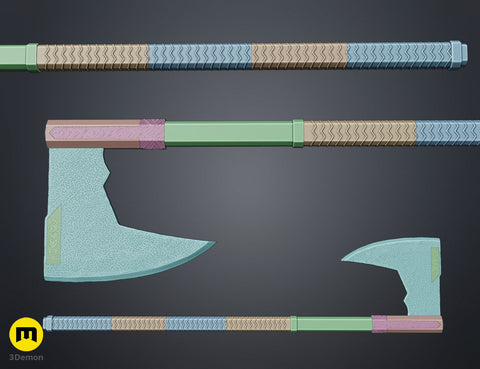 Rendered 3D model of the dwarven warrior Axes Collection - epic fantasy saga, exploded view of three axes, 3D print cosplay prop.