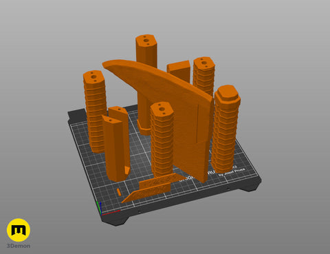 Slicer screenshot of the dwarven warrior Axes Collection - epic fantasy saga STL, orange parts on Prusa print bed