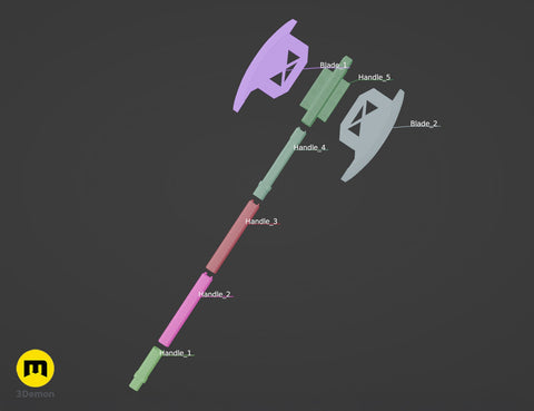 Printable 3D model of the dwarven warrior Axes Collection - epic fantasy saga, exploded view of axe parts with labeled handles and ...