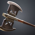 Painted 3D render of the dwarven warrior Axes Collection - epic fantasy saga, ornate double-bladed axe cosplay prop.