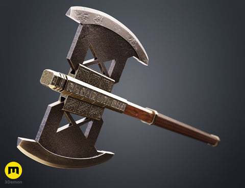 Painted 3D render of the dwarven warrior Axes Collection - epic fantasy saga, ornate double-bladed axe cosplay prop.