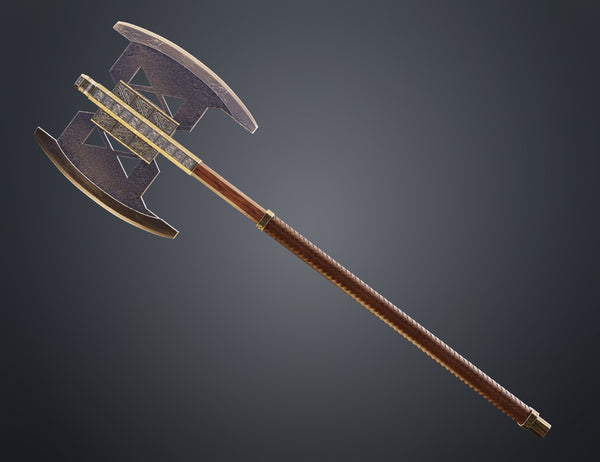 Painted 3D render diagonal view of Gimli Lord of the Rings Double Bladed Battle Axe dark metallic blades with golden brass edges Dwarven runic engraved central block wood-grain brown shaft with braided grip