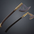 Digital 3D render of Gimli Throwing Axes - Lord of the Rings, crossed blades with gold detailing, 3D print cosplay prop.