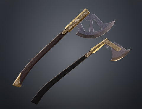 Digital 3D render of Gimli Throwing Axes - Lord of the Rings, crossed blades with gold detailing, 3D print cosplay prop.