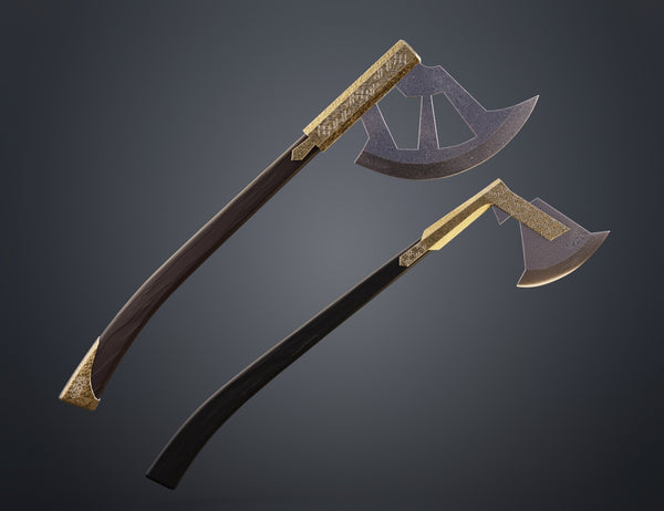 Digital 3D render of Gimli Throwing Axes - Lord of the Rings, crossed blades with gold detailing, 3D print cosplay prop.