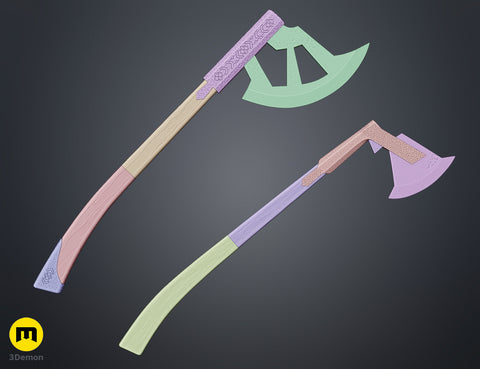 3D model render of Gimli Throwing Axes - Lord of the Rings, dual-painted axes with ornate handles, 3D print cosplay p...