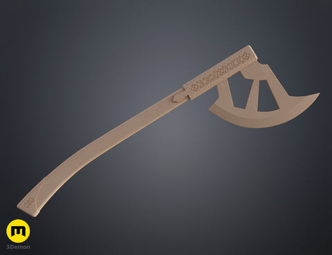 CAD render of Gimli Throwing Axes - Lord of the Rings, detailed 3D print weapon with carved handle.