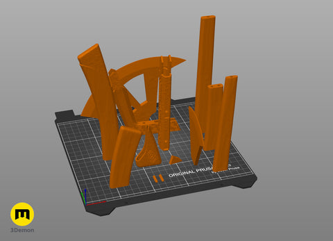 Slicer screenshot of Gimli Throwing Axes - Lord of the Rings STL, orange parts on Prusa print bed