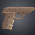 Clay render side profile of Grace Ashcroft Handgun RE Requiem STL showing slide serrations grip texture and geometric handgun design