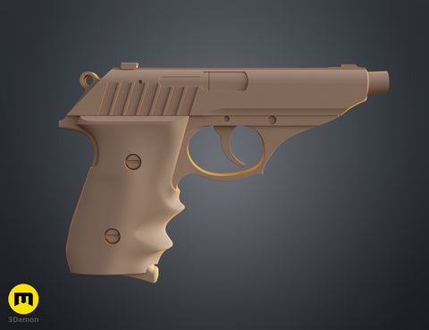 Clay render side profile of Grace Ashcroft Handgun RE Requiem STL showing slide serrations grip texture and geometric handgun design