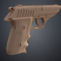 Clay render front-quarter view of Grace Ashcroft Handgun RE Requiem STL showing muzzle trigger assembly ergonomic handle shape
