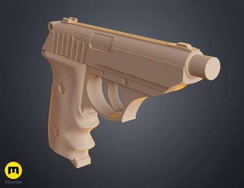 Clay render close-up of Grace Ashcroft Handgun RE Requiem grip showing intricate wood-texture pattern and circular screw detail