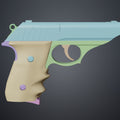 Color-coded assembly guide side view render of Grace Ashcroft Handgun RE Requiem STL parts blue slide green frame tan grip pink barrel tip